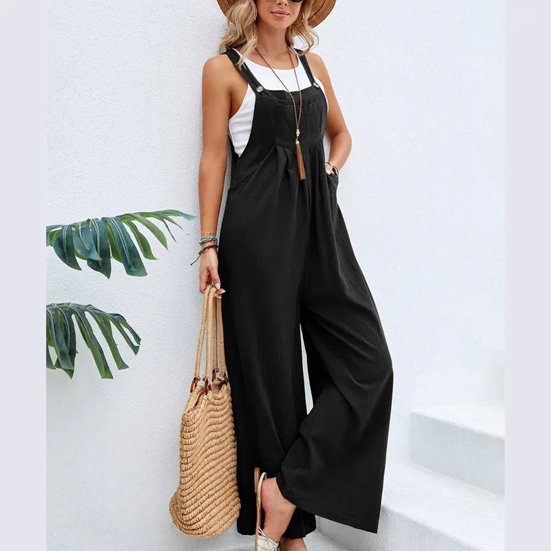 Damen Jumpsuit Luftig Sommer Baumwolle Leinen Bequem-1