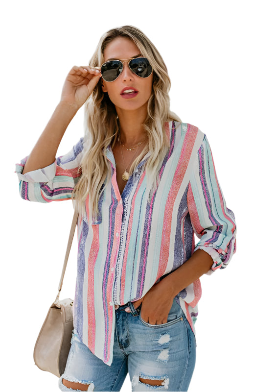 Damen Button-Up Oberteil Gestreift Leinen Mischung 0