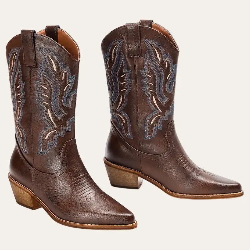 Damen Cowboystiefel Traditioneller Westernstil Leder Braun 1