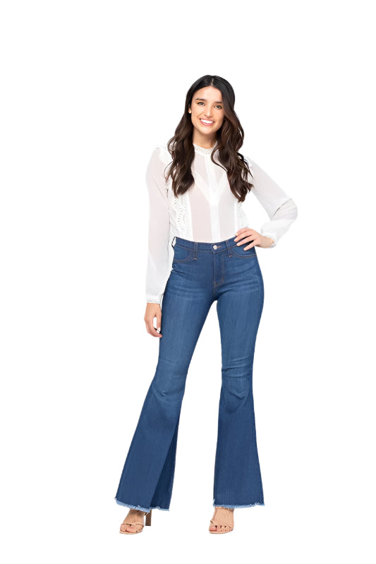 Damen High Waist Super Flare Jeans Mittelblau 0