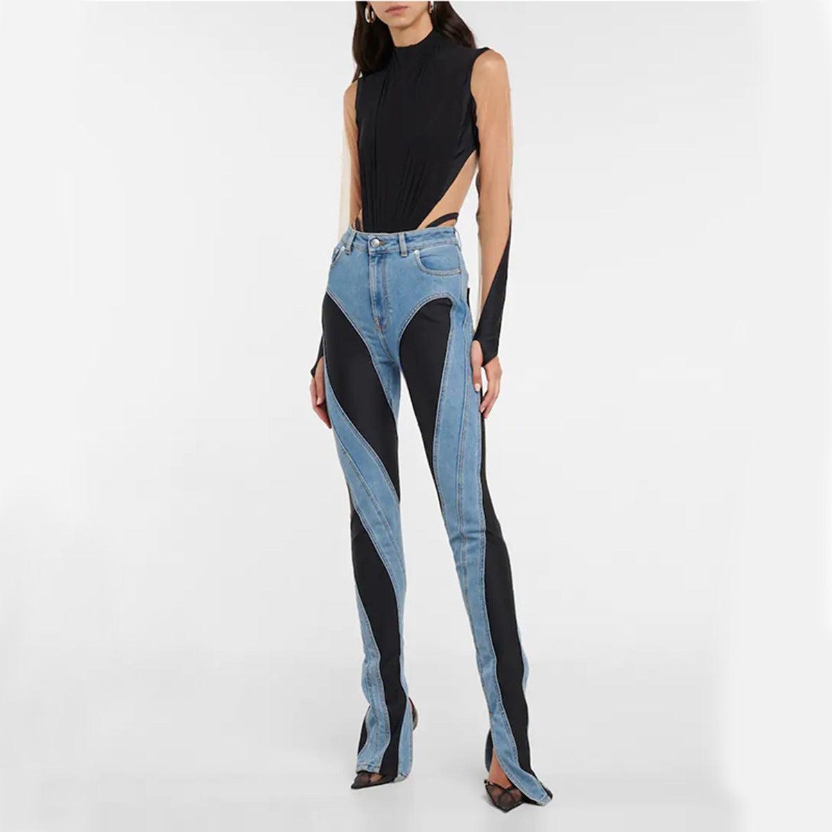 Damen Jeans Hochgeschnitten Niche Design mit Farbblockierung 1