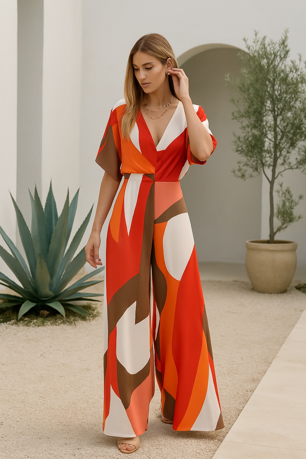 Damen Jumpsuit V-Ausschnitt Weite Beine Fließendes Material Festlich Sommer 3