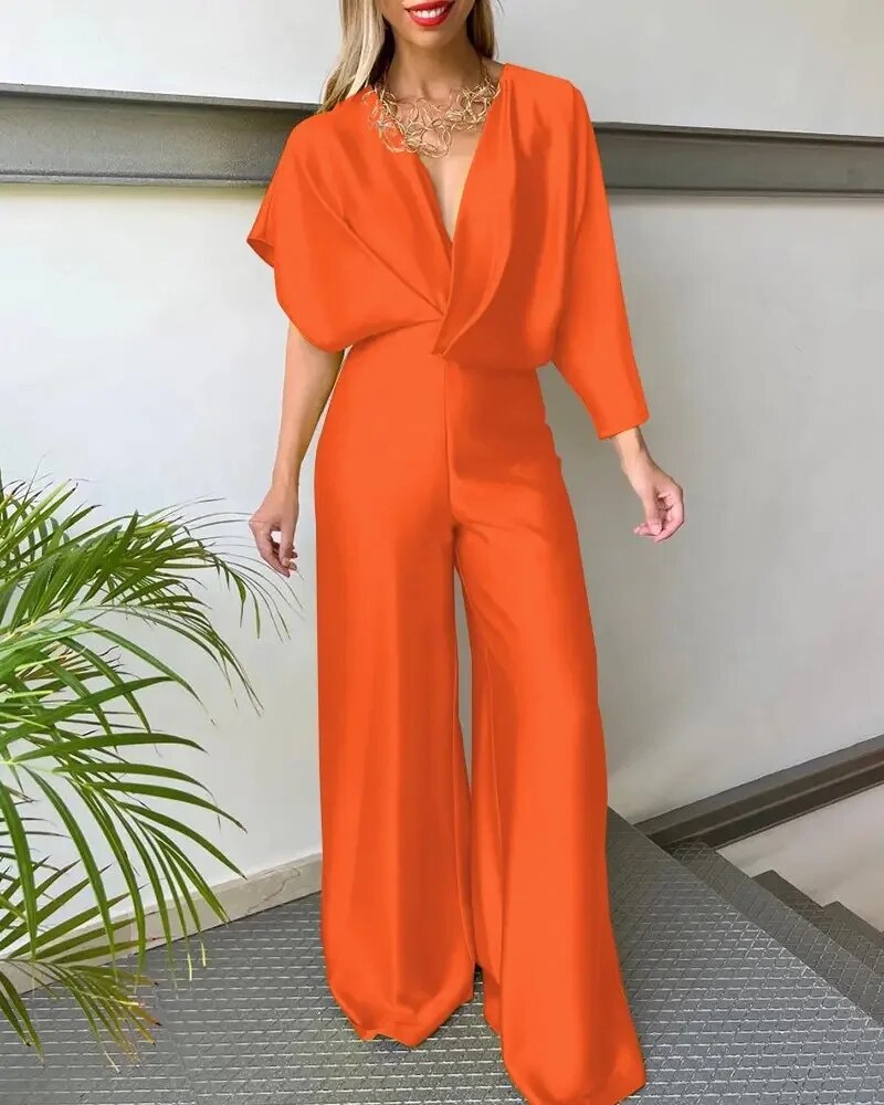 Damen Jumpsuit V-Ausschnitt Weite Beine Fließendes Material Festlich Sommer 4