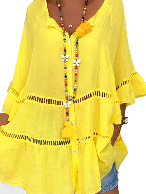 Damen Kleid V-Ausschnitt 3/4-Ärmel Baumwoll-Leinen Lockere Passform 0