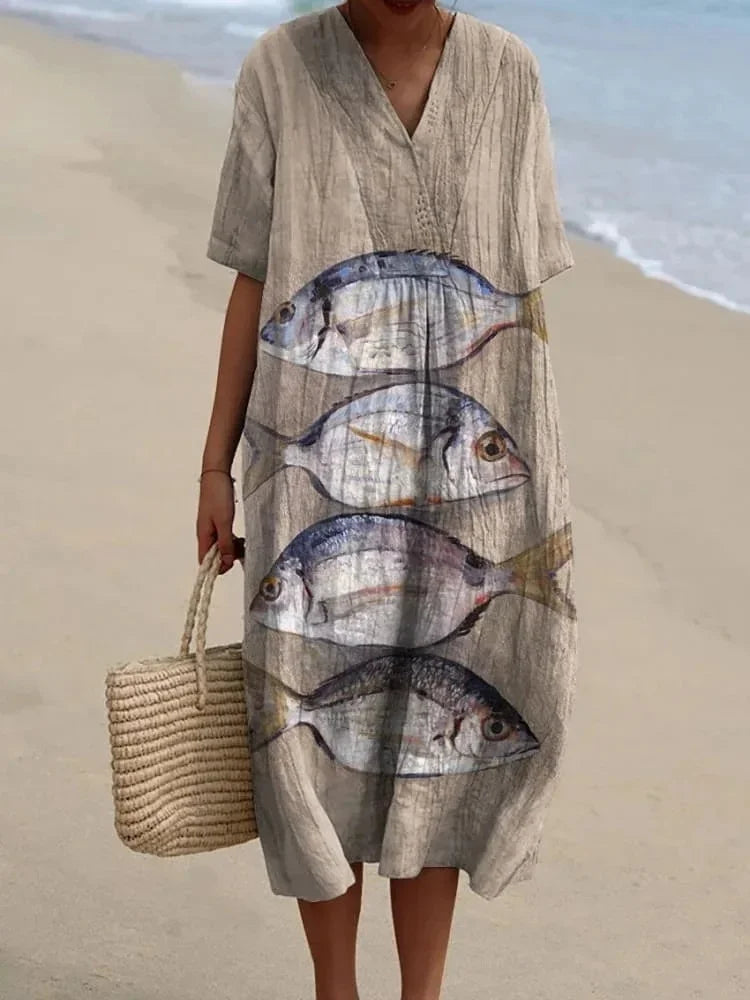 Damen Kurzarm Kleid Ozeanmotiv Bequemer Schnitt Hochwertiger Stoff 11