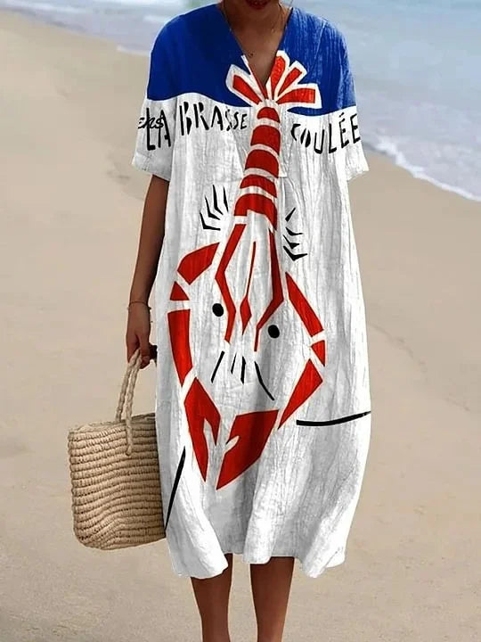 Damen Kurzarm Kleid Ozeanmotiv Bequemer Schnitt Hochwertiger Stoff 7