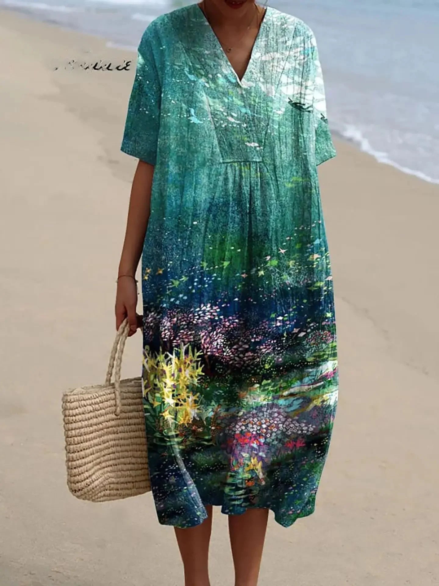 Damen Kurzarm Kleid Ozeanmotiv Bequemer Schnitt Hochwertiger Stoff 8