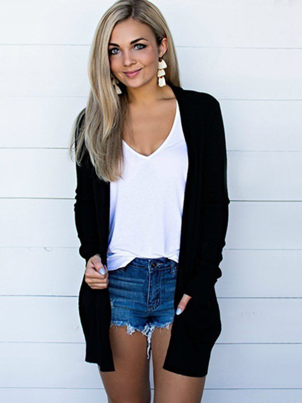 Damen Lange Strickjacke Offene Vorderseite Polyester Spandex 1