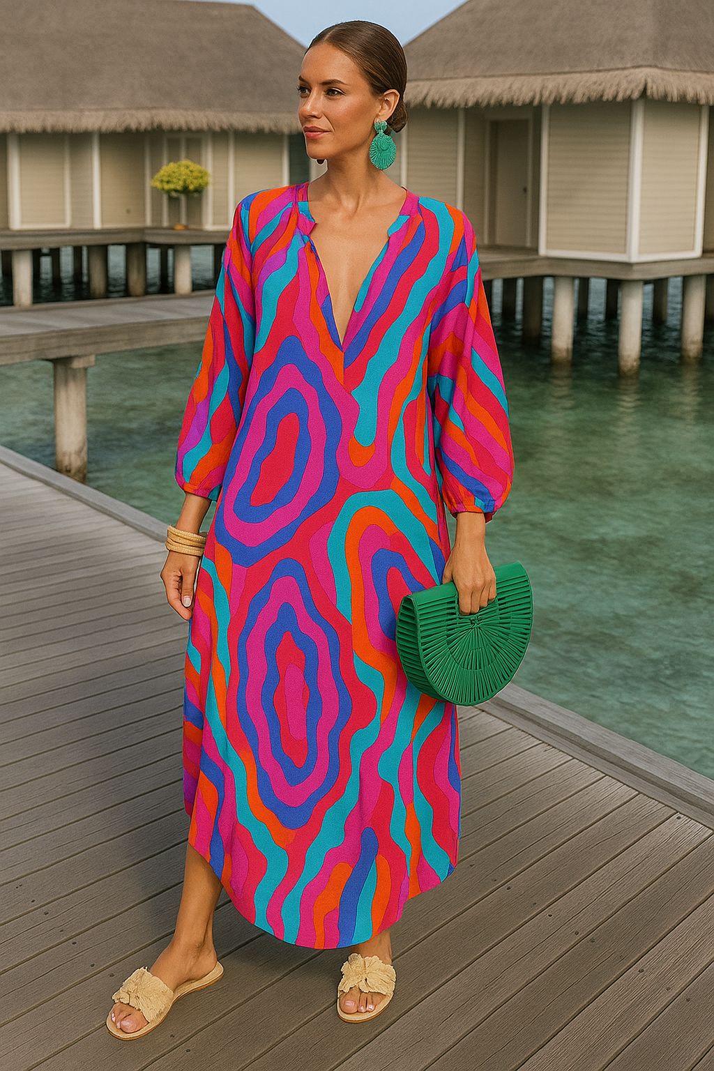 Damen Maxi Kleid Mit Tiefer V-Hals Und Verspielt-Muster 1