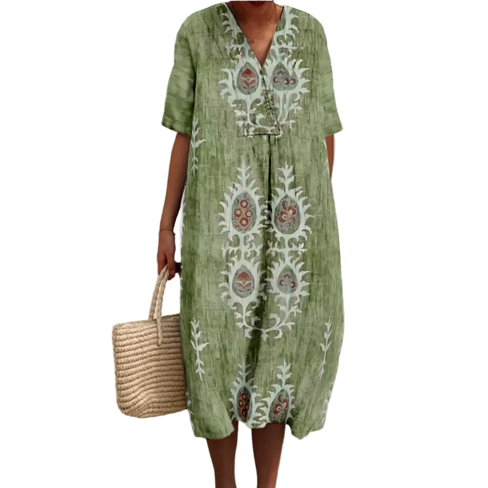 Damen Maxi Kleid V-Ausschnitt Kurzarm Digitaldruck 0