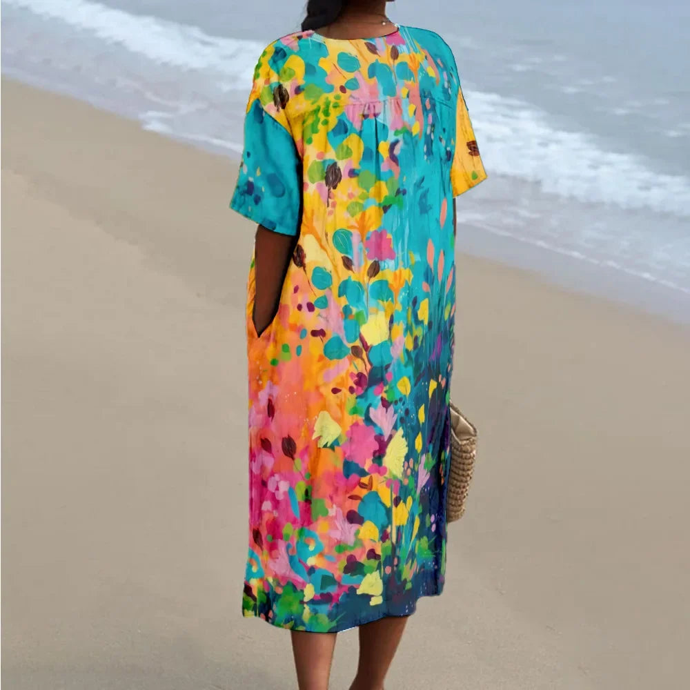 Damen Maxikleid Drapiert V-Ausschnitt Kurzarm aus Fließendem Stoff für Sommeranlässe 1