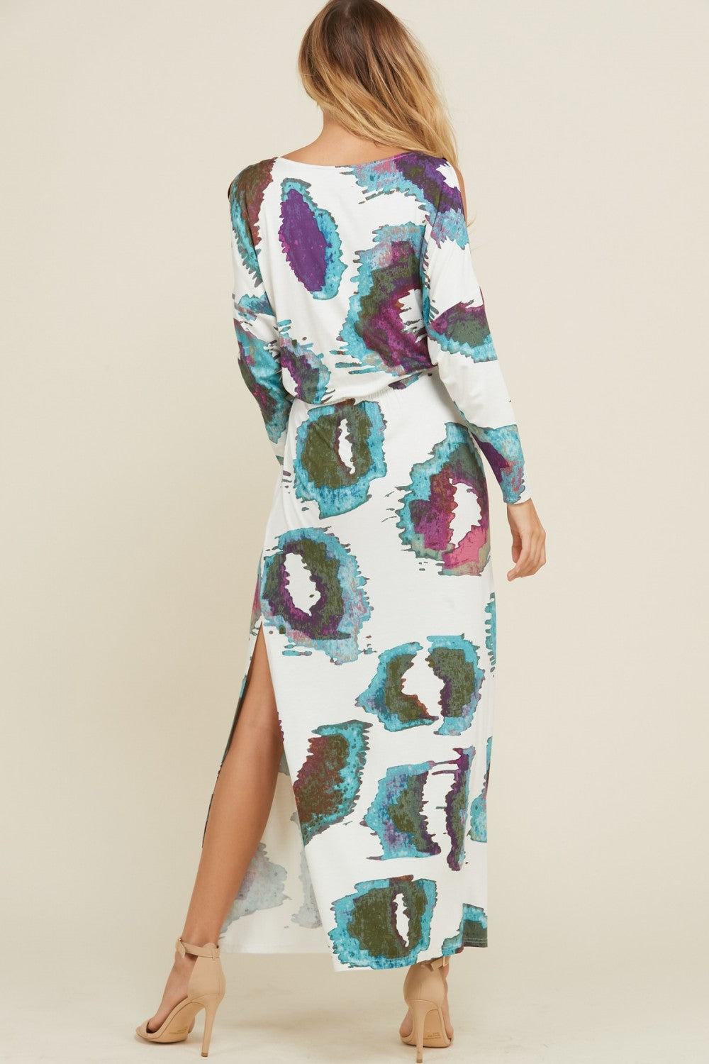 Damen Maxikleid Langarm Offene Schultern Strickstoff mit Seitenschlitzen 3