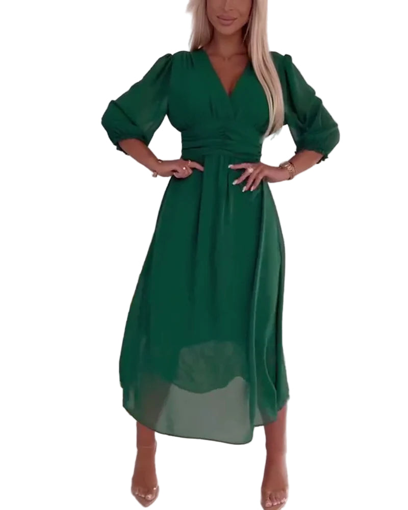 Damen Midi Kleid V-Ausschnitt A-Linie Chiffon mit Ellenbogenlangen Ärmeln 0