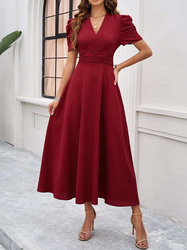 Damen Midi Kleid V-Ausschnitt Puffärmel A-Linie Hochwertiger Stoff 2