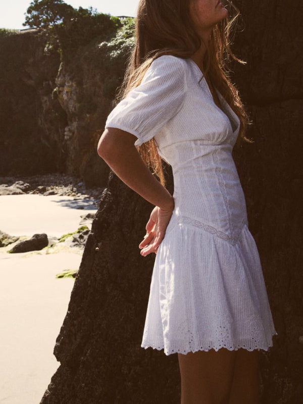 Damen Mini Kleid mit V-Ausschnitt und Puffärmeln aus Baumwollmischung 2