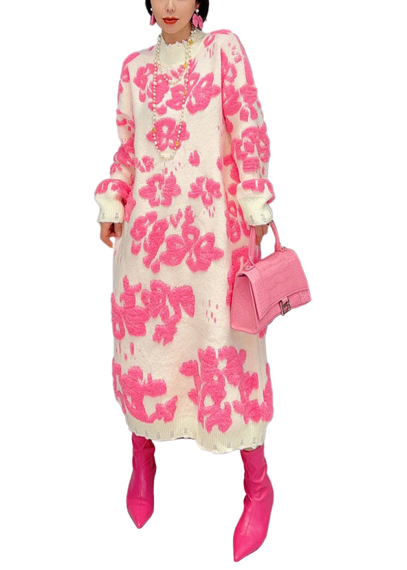 Damen Pulloverkleid Hochkragen mit Blumenmuster für Festliche Anlässe 0