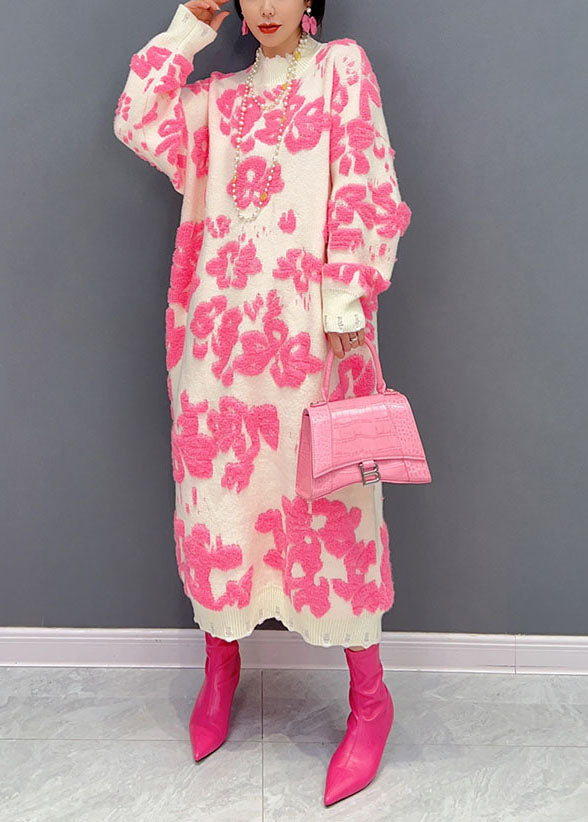 Damen Pulloverkleid Hochkragen mit Blumenmuster für Festliche Anlässe 1