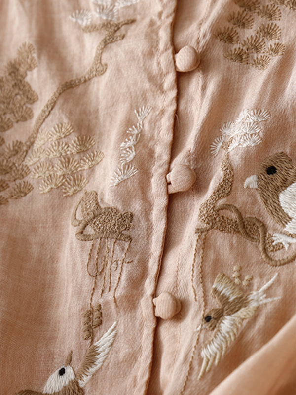 Damen Shirt Retro Rundhals Leinen mit Stickerei 5