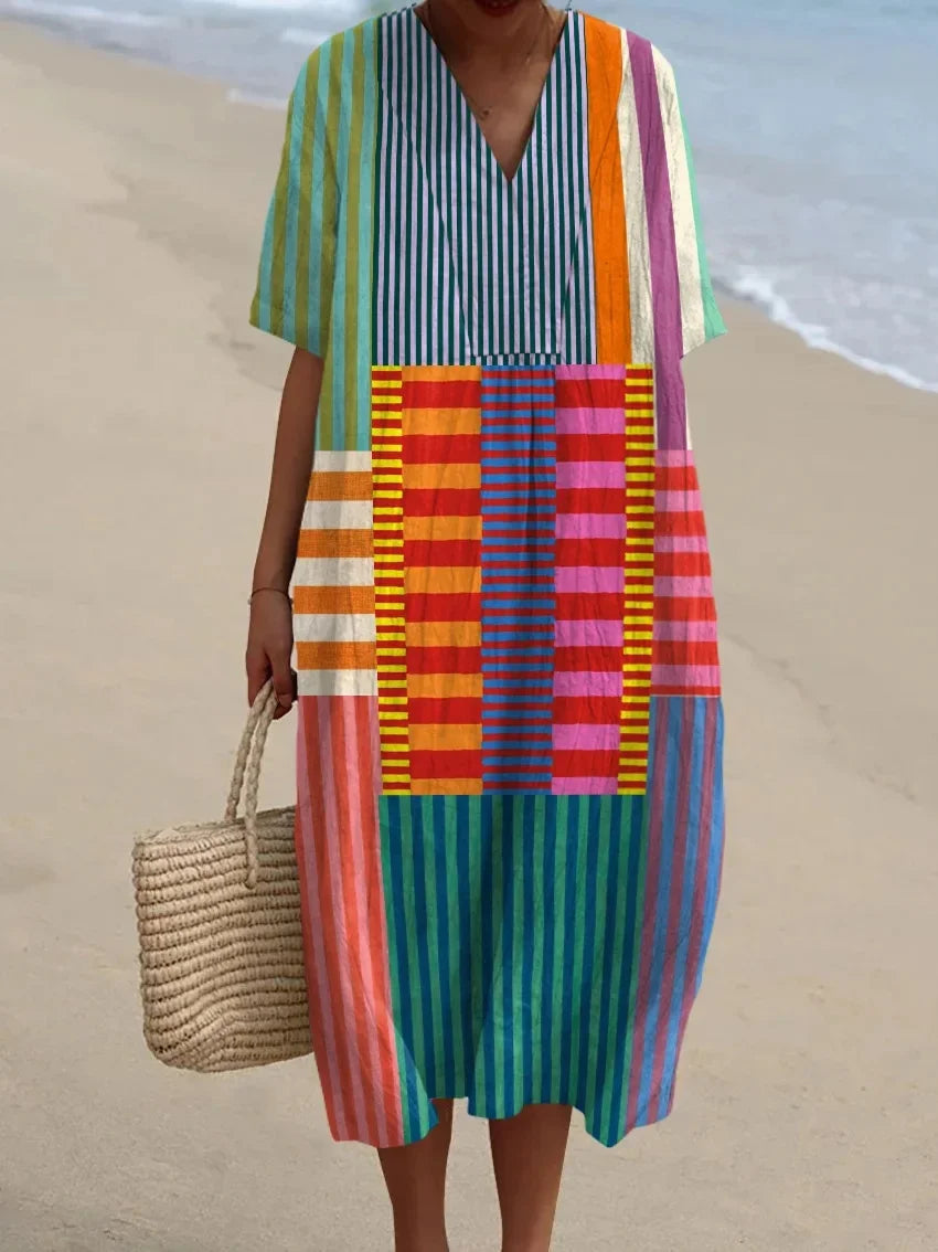 Damen Shirtkleid mit V-Ausschnitt und Taschen im Streifenmuster 13