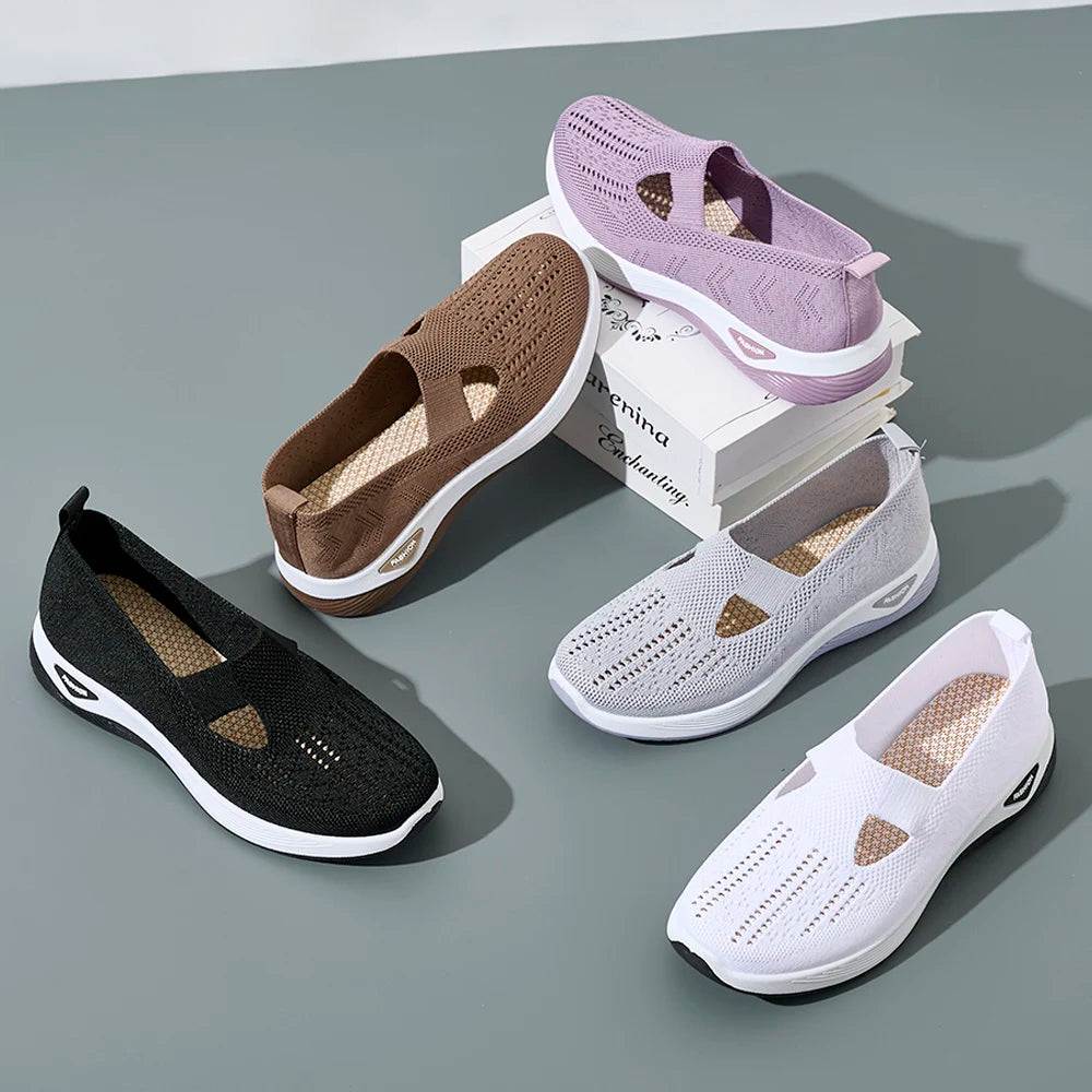 Damen Sneaker Atmungsaktive Freizeit Schuhe Flache Slip-On Mesh Gummi 5