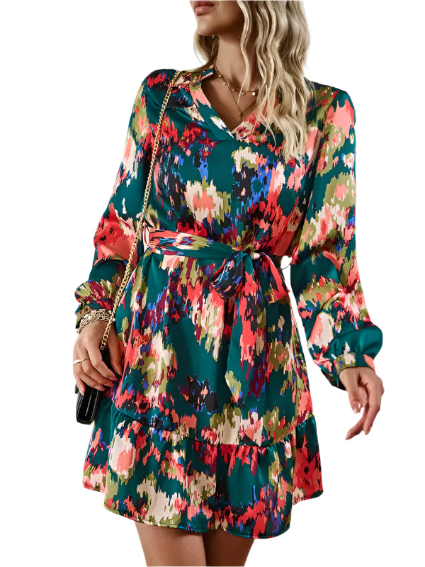 Damen V-Ausschnitt Druckkleid mit Gürtel 0