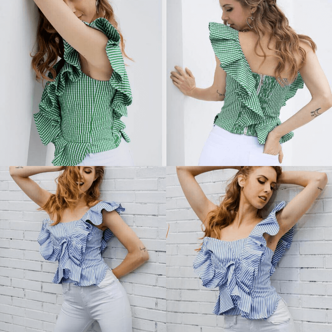 Eine Schulter Flounce Streifen Bluse