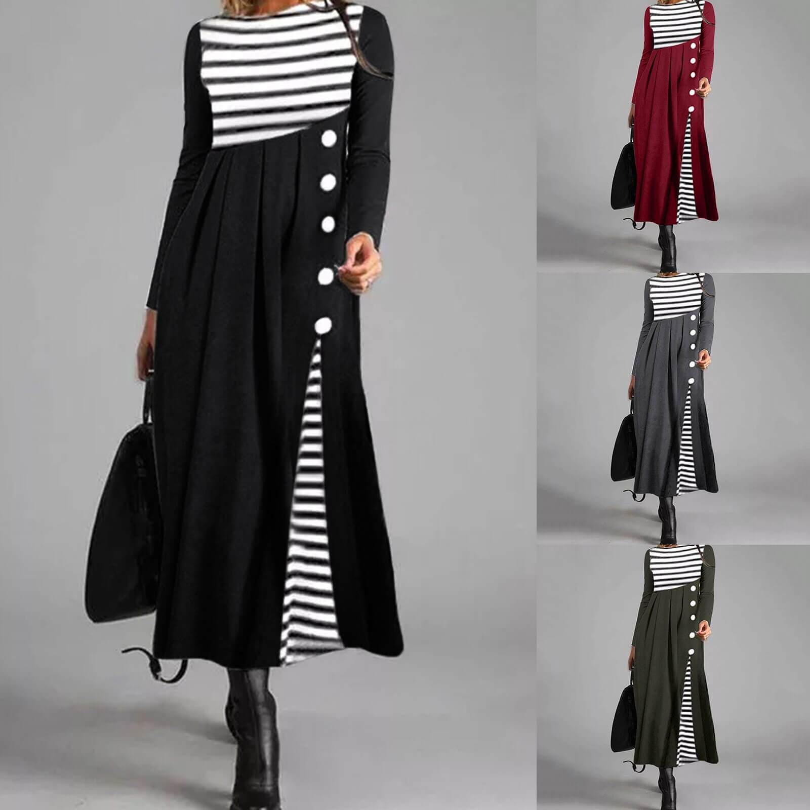 Gestreiftes Langärmeliges Patchwork-Kleid Für Damen