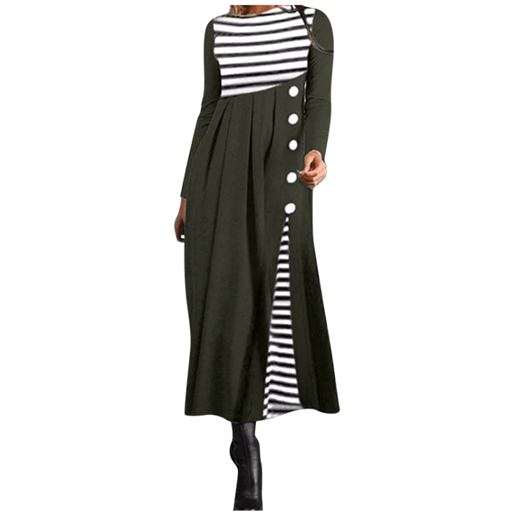 Gestreiftes Langärmeliges Patchwork-Kleid Für Damen