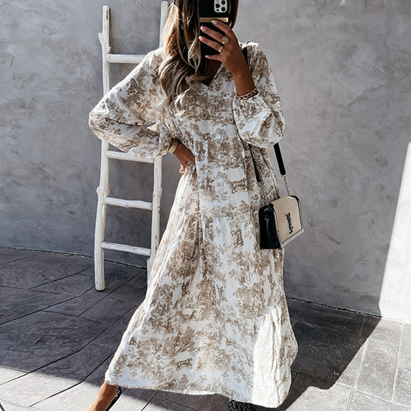 Damen Maxi Kleid Langarm V-Ausschnitt Rüschendetails Baumwollmischung-6