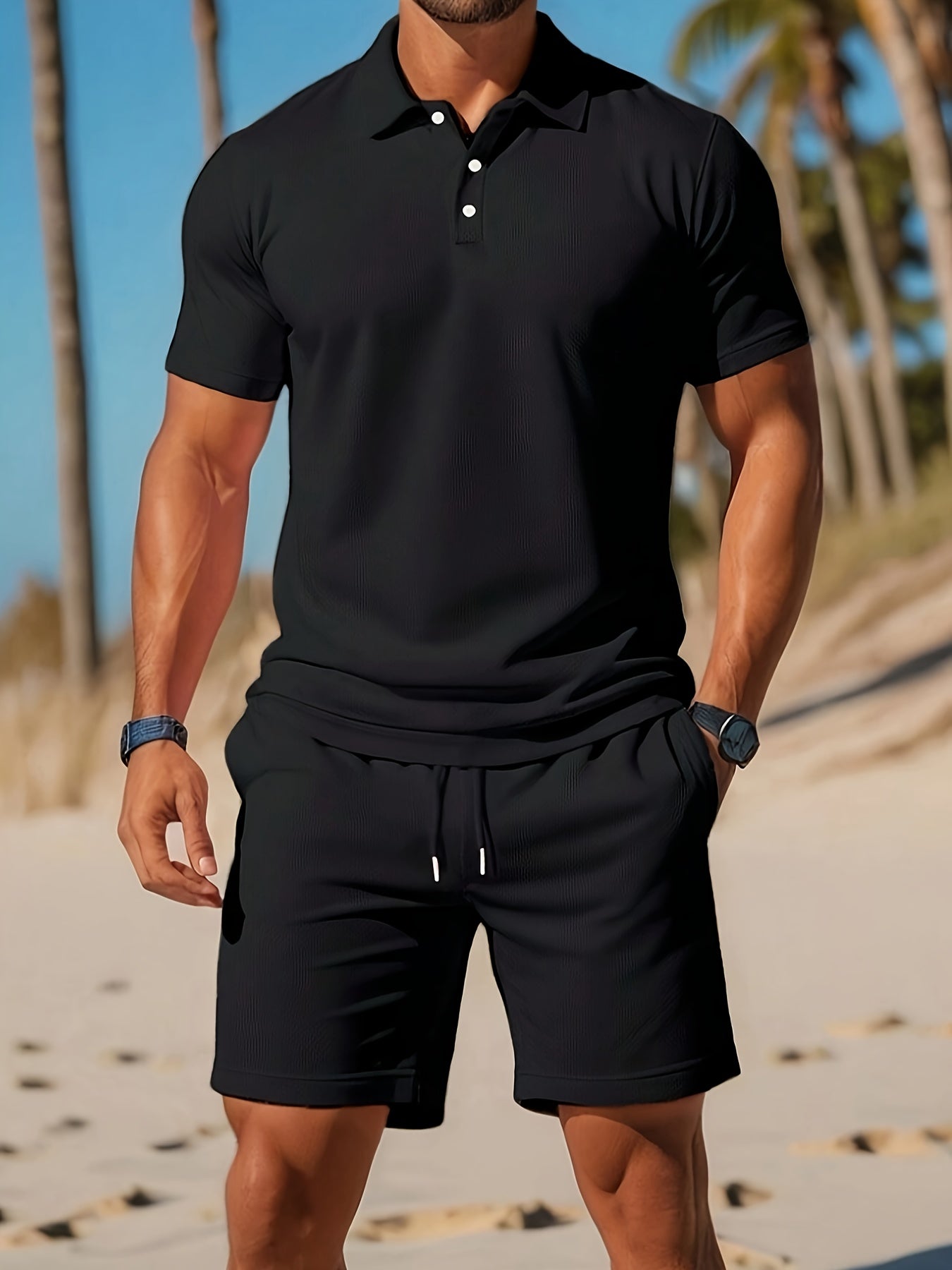 Herren Sommer Set Polo und Shorts mit Ton-sur-Ton Struktur 6