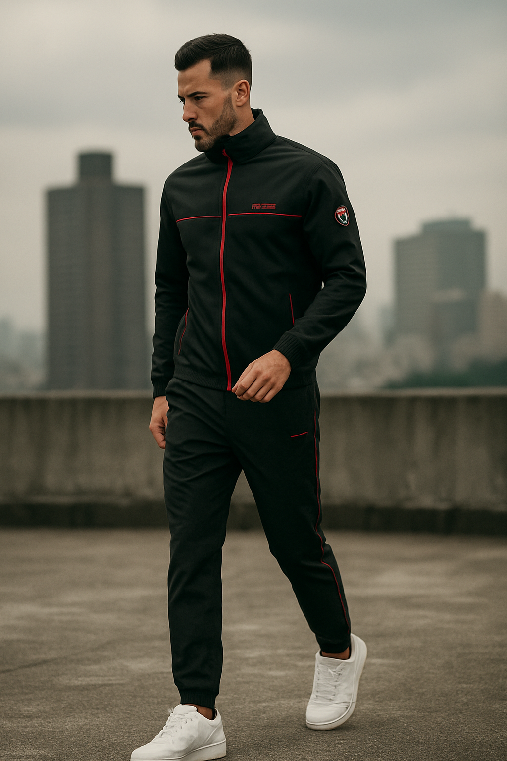 Herren Trainingsanzug Sportlich Modern mit Elastischen Bündchen, Leichtem Material und Roten Akzenten 2