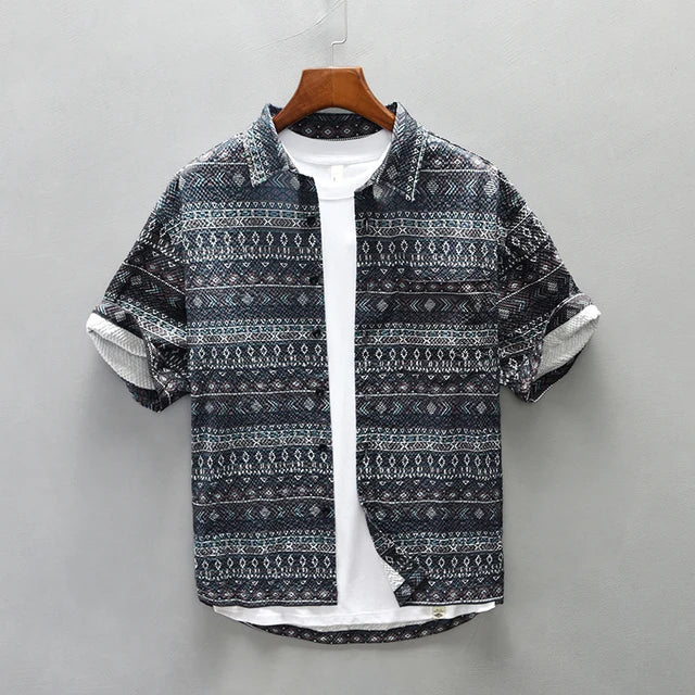 Herren Hemden Kurzarm Vintage Baumwolle Bequem Sommer Hemd 1