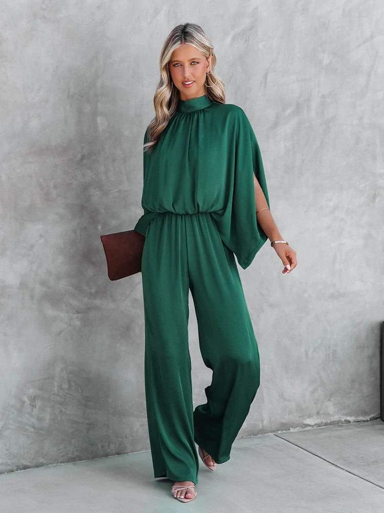 Damen Jumpsuit Festlich Eleganter Polyester Overall mit Weitem Bein und Langen Ärmeln-1