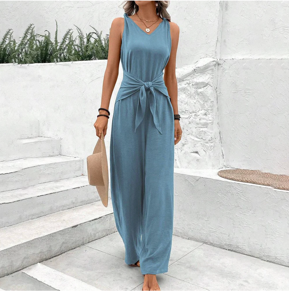 Damen Jumpsuit Elegant V-Ausschnitt Baumwolle Ärmellos-1