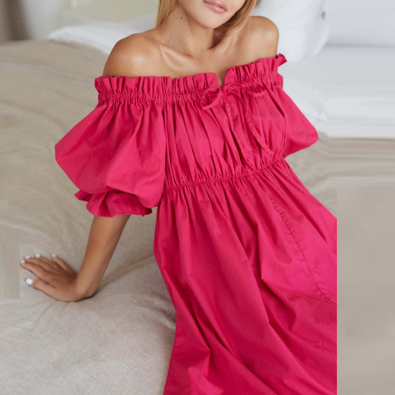 Damen Mini Kleid Off-Shoulder Baumwolle mit Puffärmeln für Sommerkleider-3