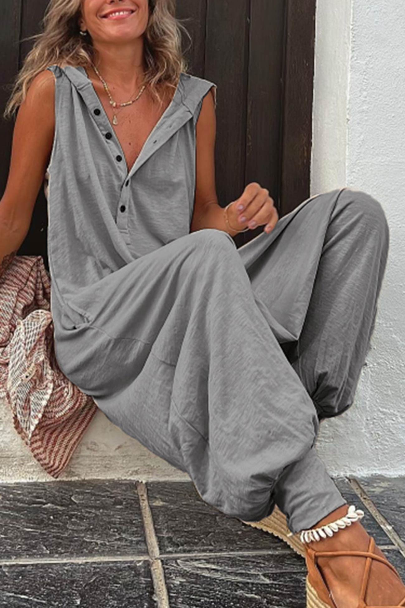 Damen Jumpsuit Lässig mit Kapuze aus Baumwolle für den Sommer-6