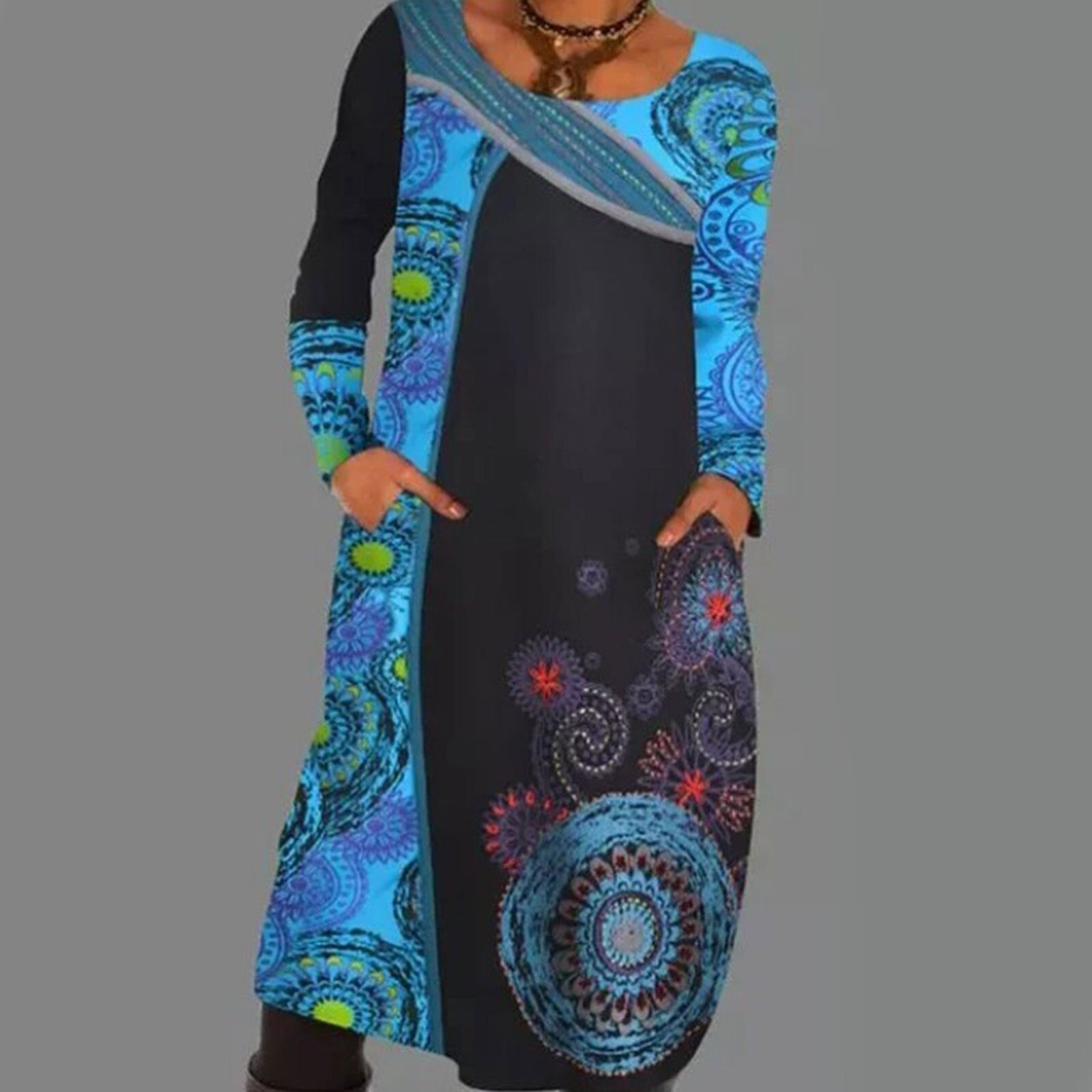 Vintage Print Pullover Kleid Mit Taschen