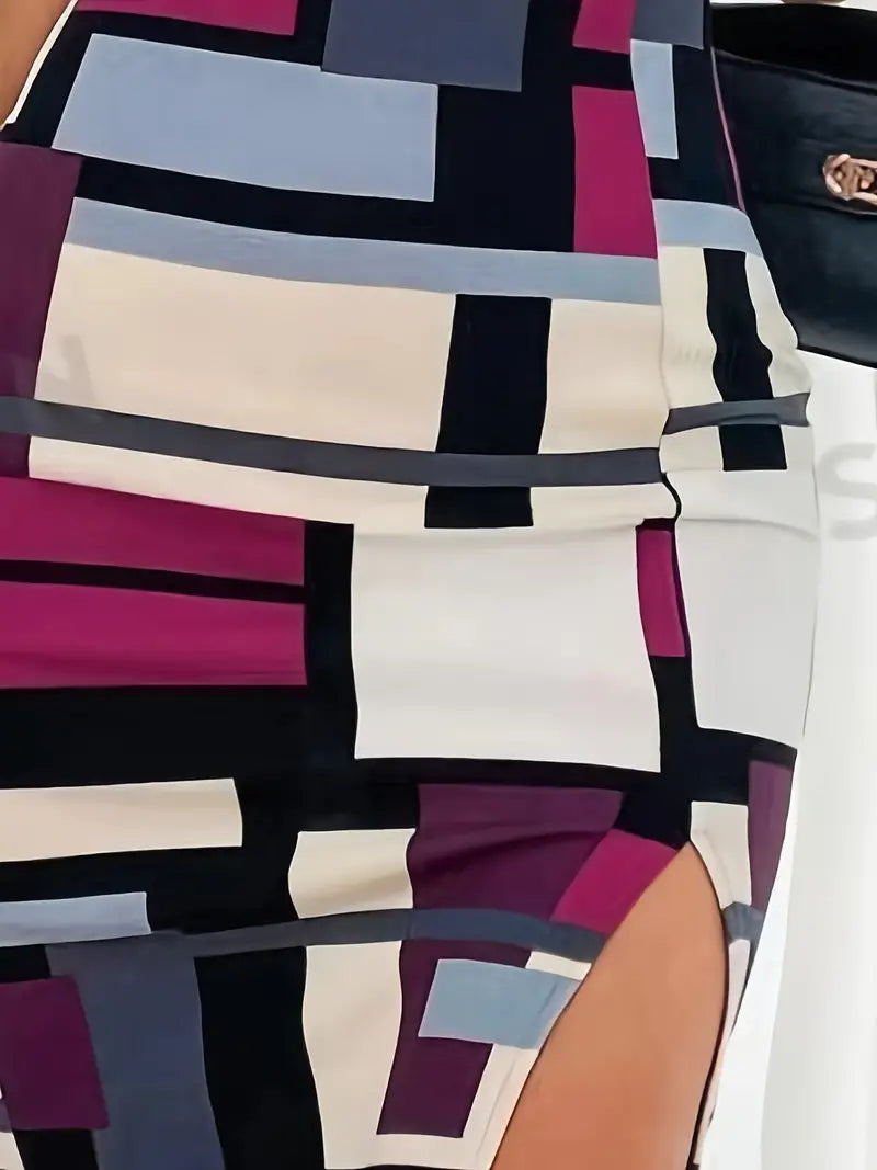 Damen Bleistiftkleid Farbblock Design Figurbetont Polyester-5