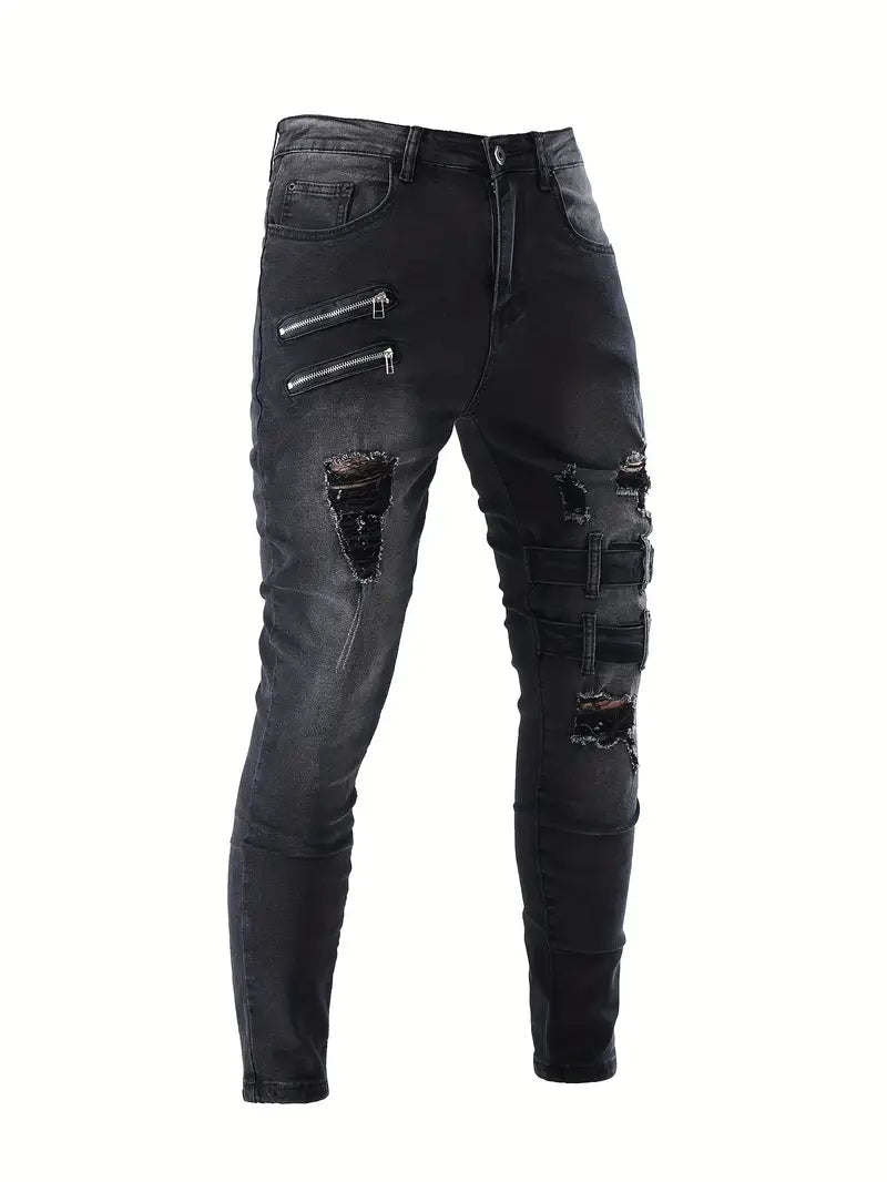 Herren Bikerjeans Lässig Gestepptes Denim mit Reißverschlüssen-5