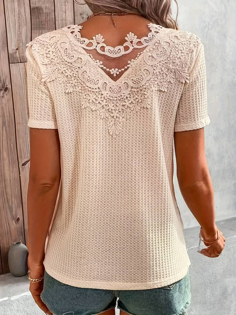 Damen T-Shirt mit Spitzendetails Rundhalsausschnitt Baumwolle-6