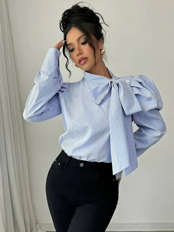 Damen Hemdbluse Gestreift mit Schleifendetail aus Baumwolle-2