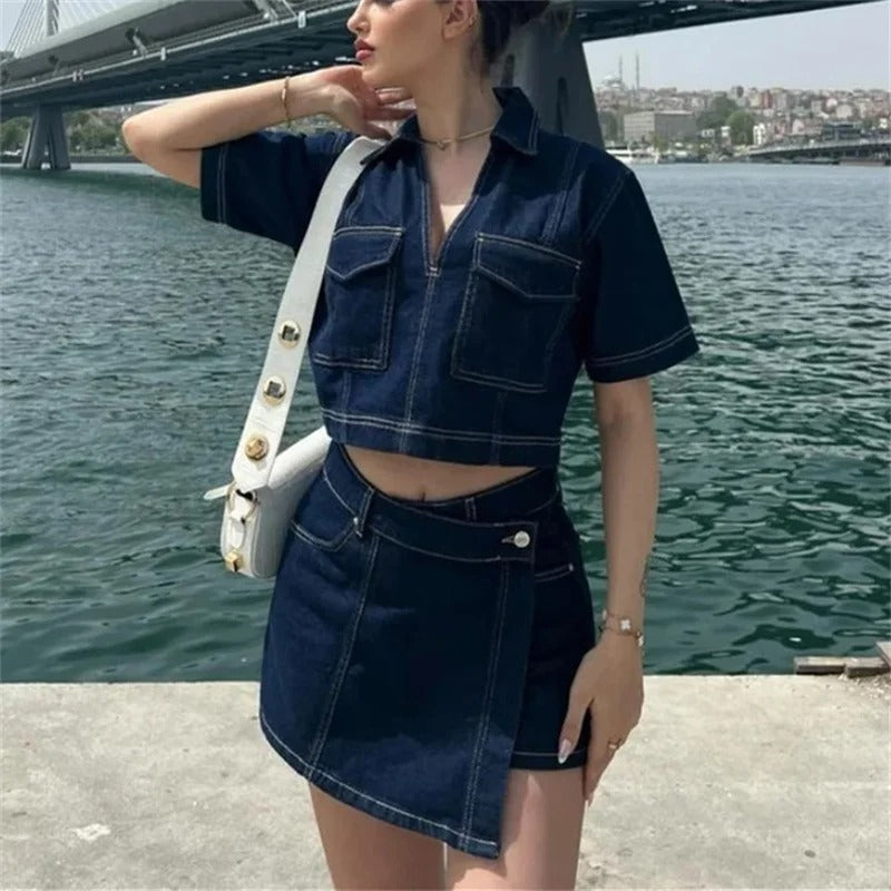 Damen Denimrock & Kurzarm-Crop-Shirt