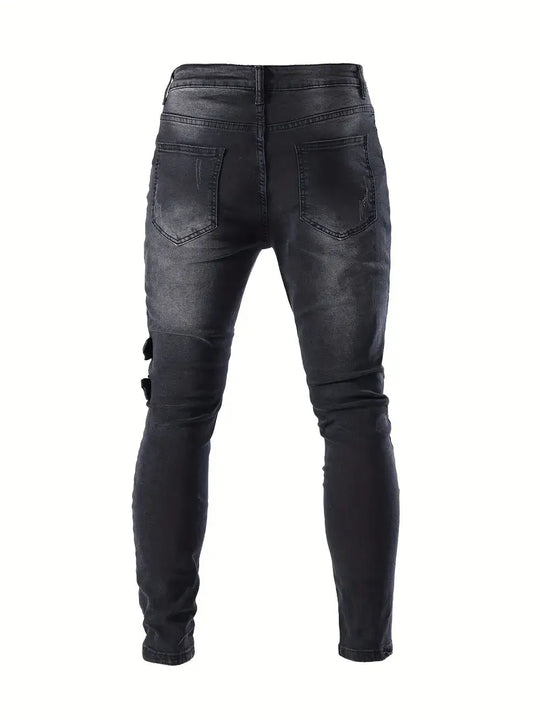 Herren Bikerjeans Lässig Gestepptes Denim mit Reißverschlüssen-2