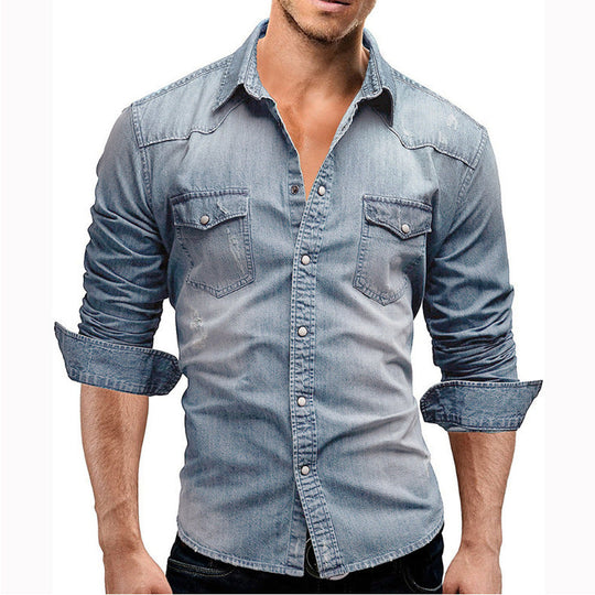 Herren Denim Hemd Retro Stil mit Knopf-Taschen