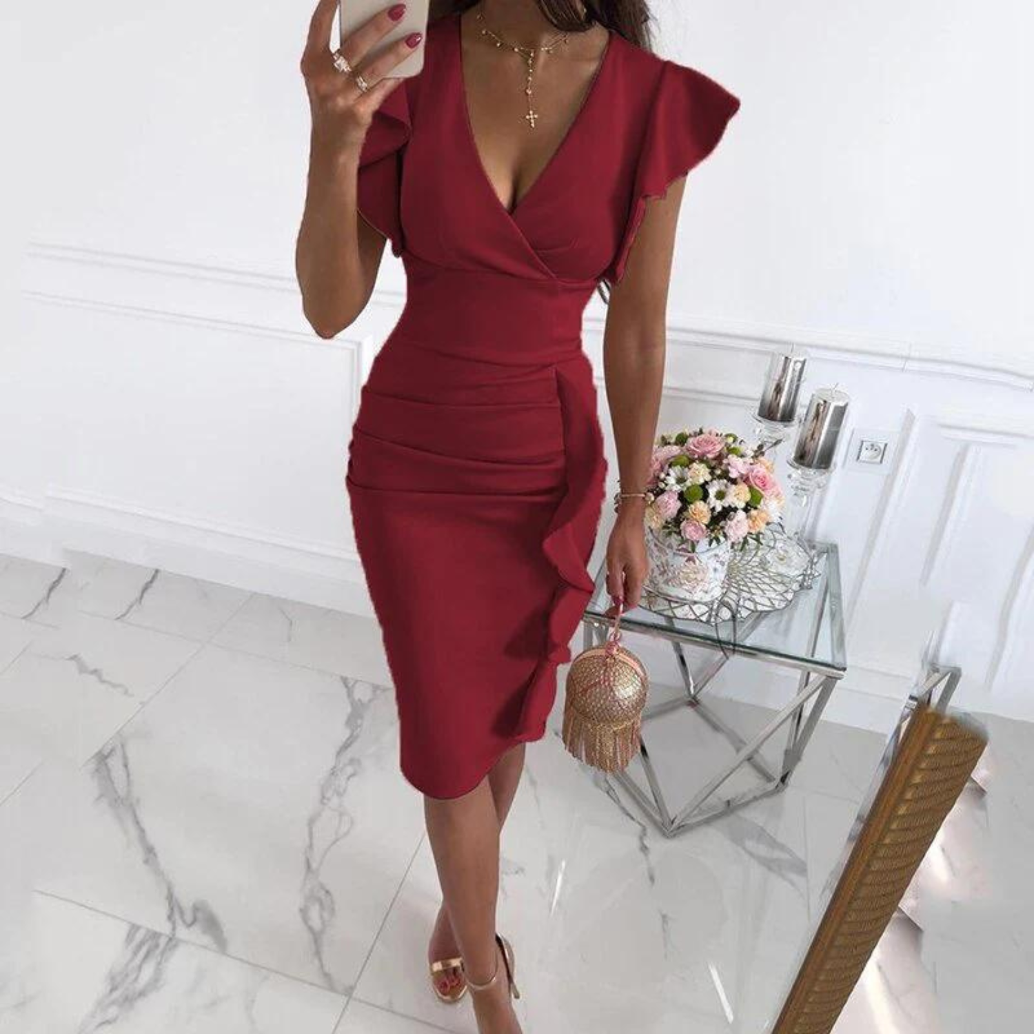 Variant image for Damen Kleid V-Ausschnitt Figurbetont Hochwertige Stoffe-73