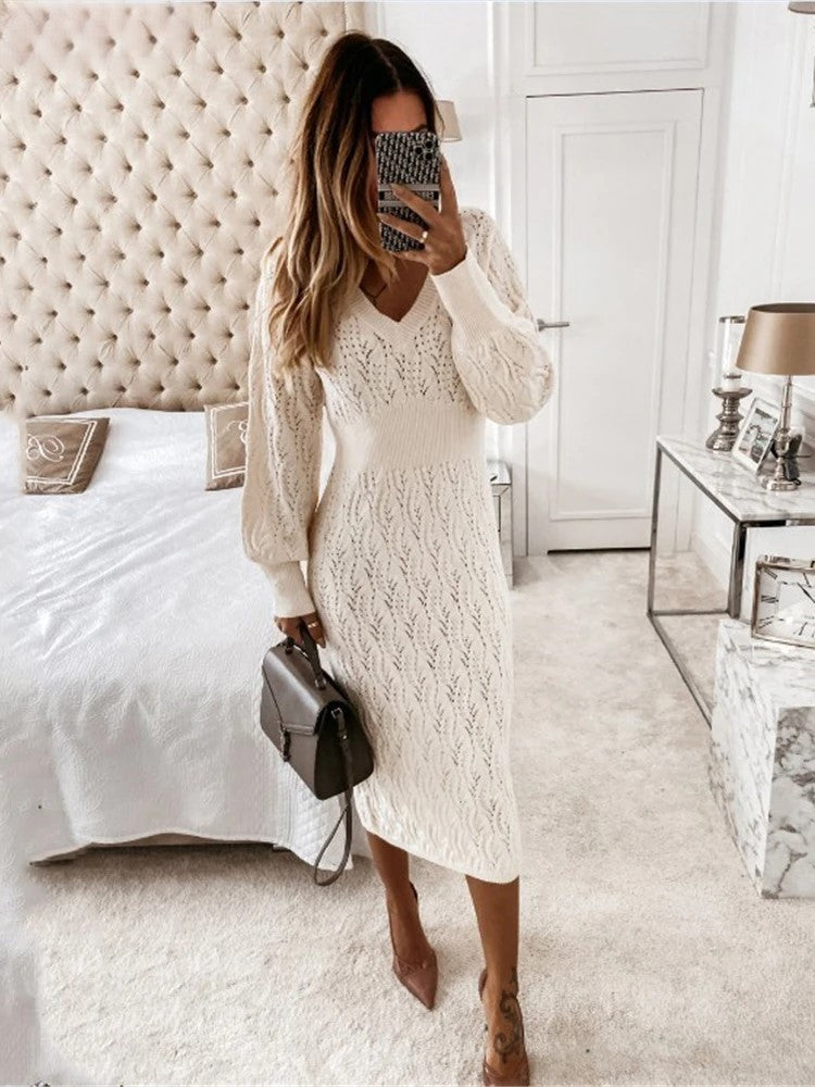 Damen Midi Kleid V-Ausschnitt Langarm Baumwollmischung-1