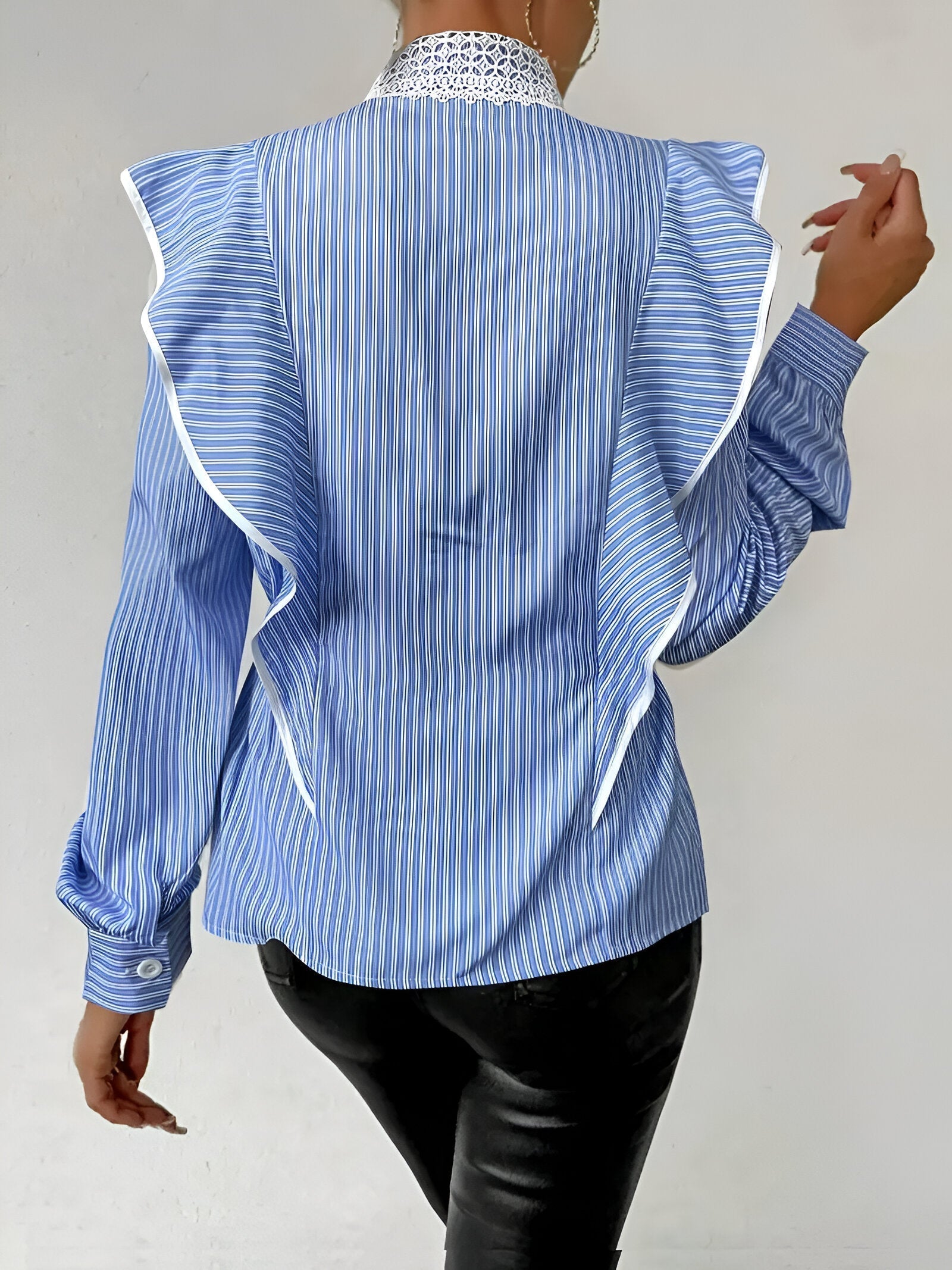 Damen Hemdbluse Gestreift mit Rüschen und Spitze aus Weichem Stoff-3