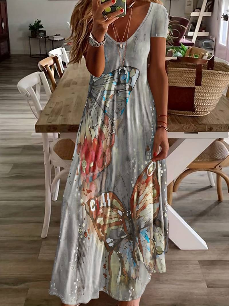 Variant image for Damen Kleid V-Ausschnitt Schmetterlingsdruck Leicht Polyester für Sommerveranstaltungen-49