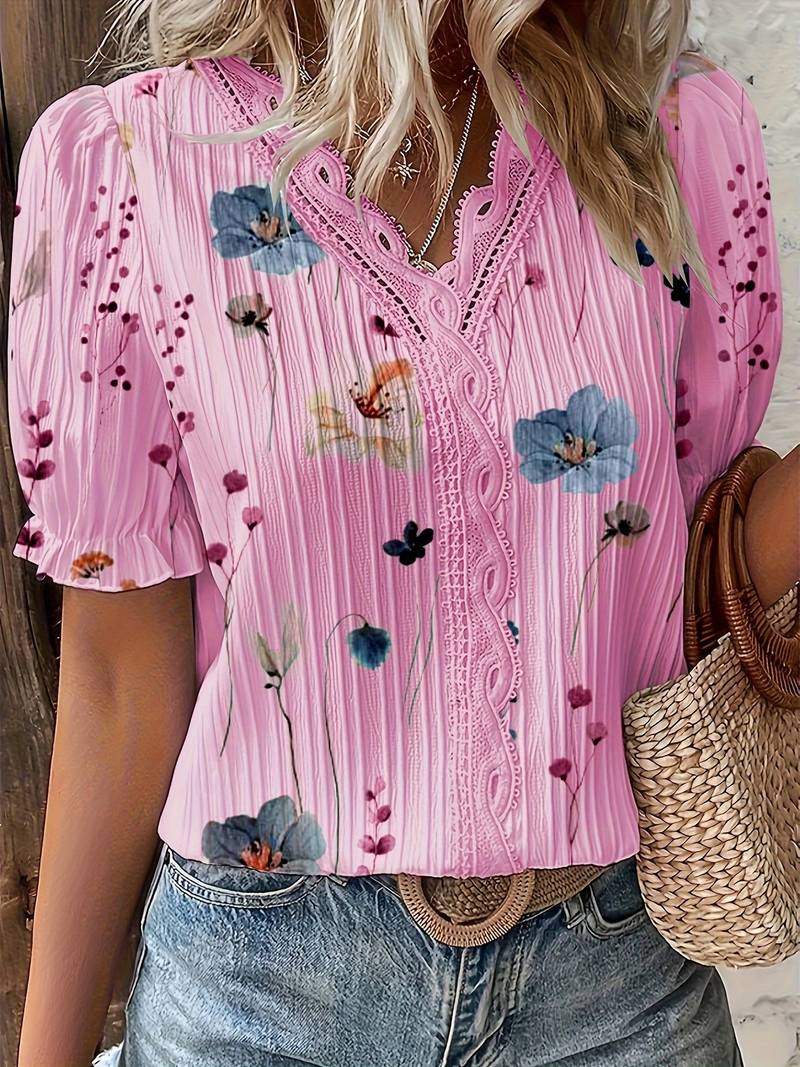 Damenbluse V-Ausschnitt Lockeres Polyester für Frühling und Sommer-4
