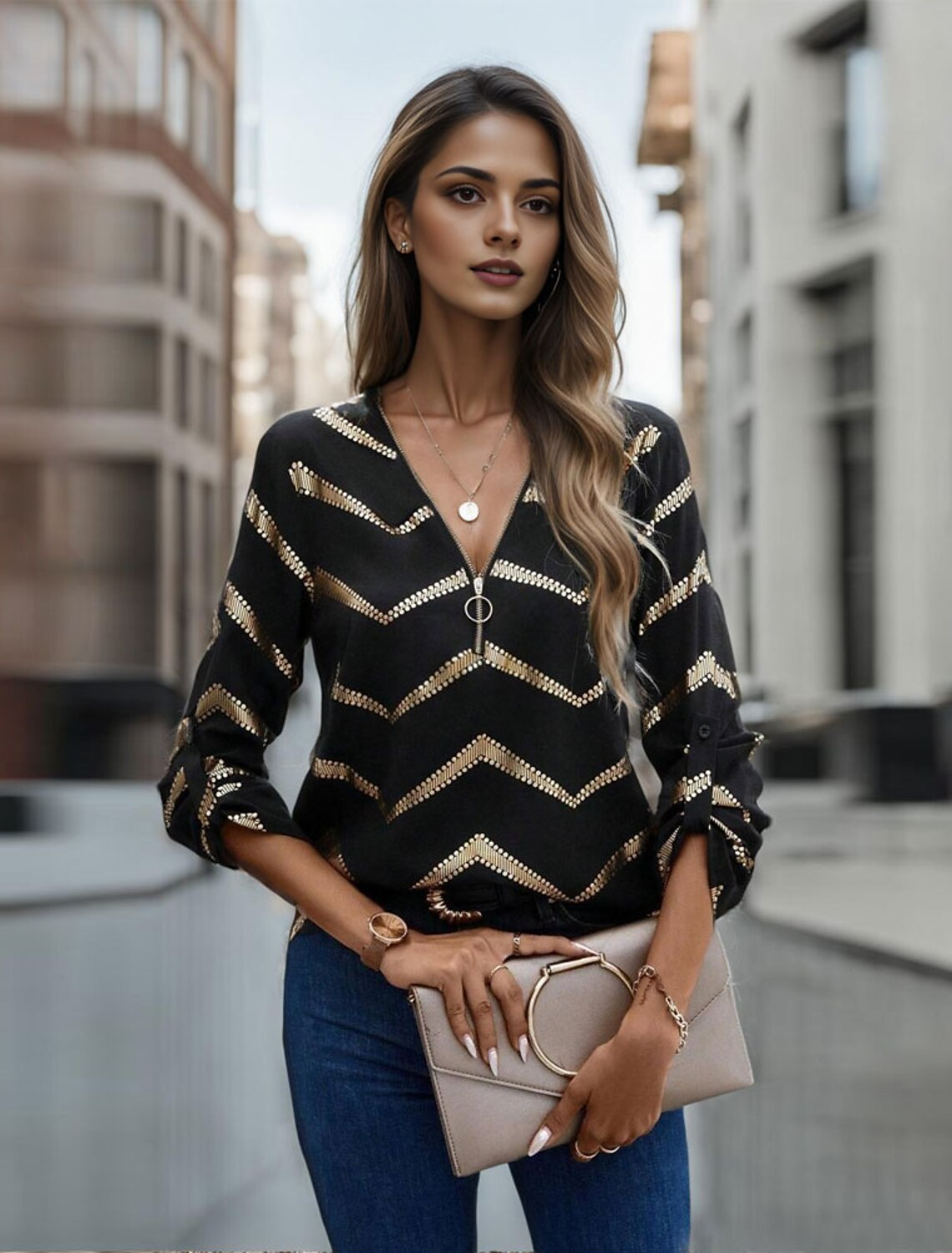 Damenbluse V-Ausschnitt Gestreift Leicht Baumwolle für Frühling und Sommer-2